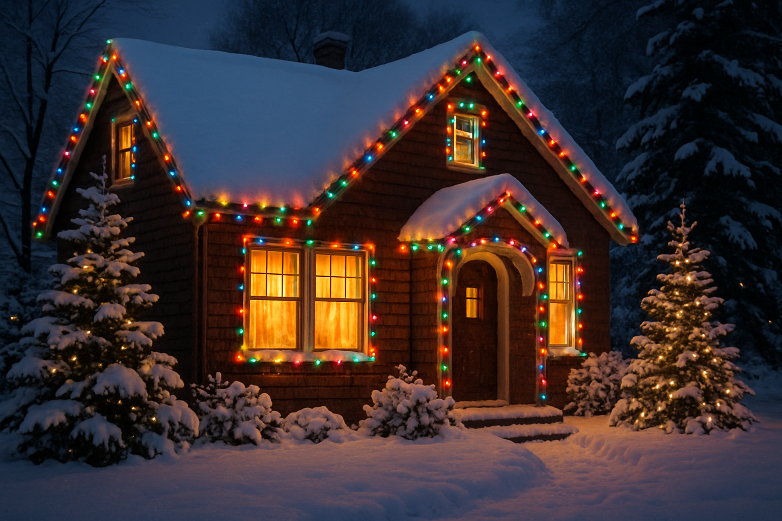 a nice house with christmas lights and snow